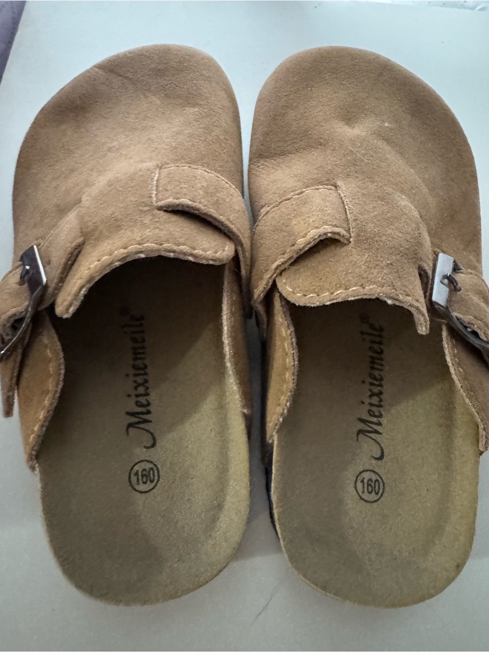 Kids Suede Buckle Clogs in Brown